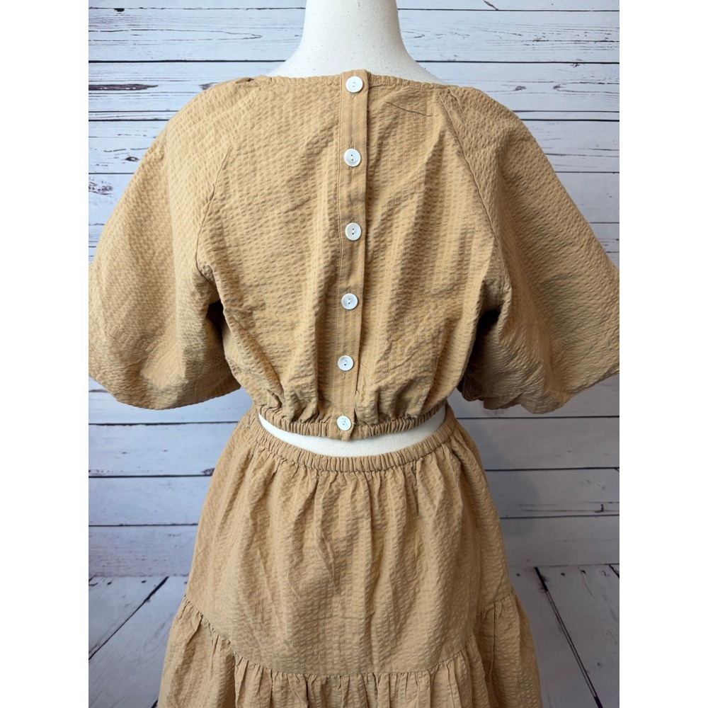 Madewell Seersucker Mini Dress Medium NWT Tan Puff Sleeve Cut Out NF870 - Picture 11 of 16
